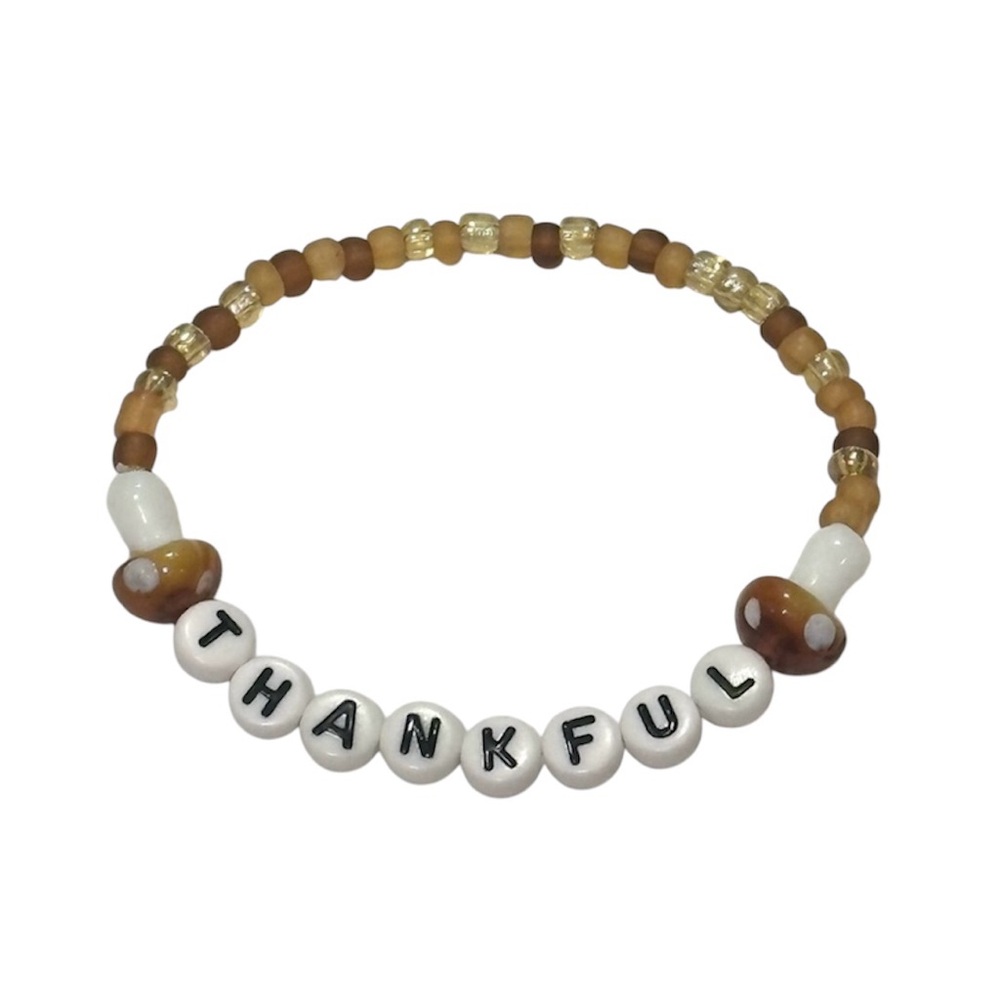 Beaded “Thankful” Mushroom Charm Bracelet